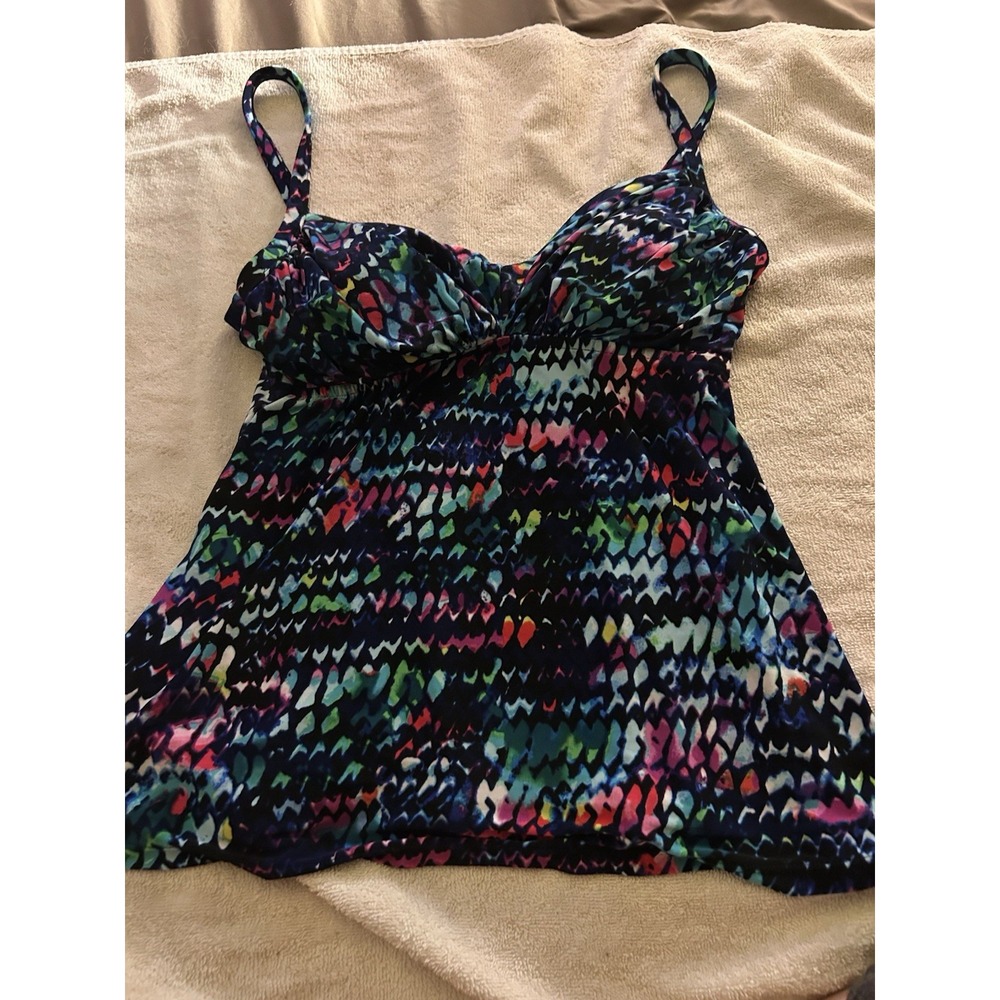 Women's Tankini Top Size 8 Multicolor Abstract Swim Top Built-In Bra